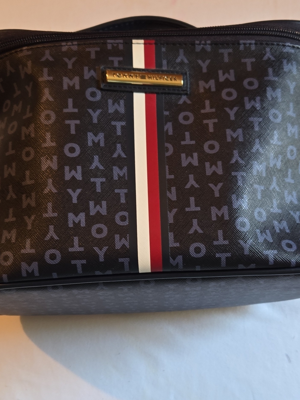 Tommy Hilfiger Men's Brown Monogram Toiletry Bag with Signature Stripe